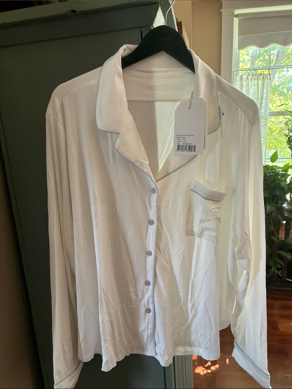 Cozy Earth Women's White Long-Sleeve Button Pajama Top with Contrast Trim